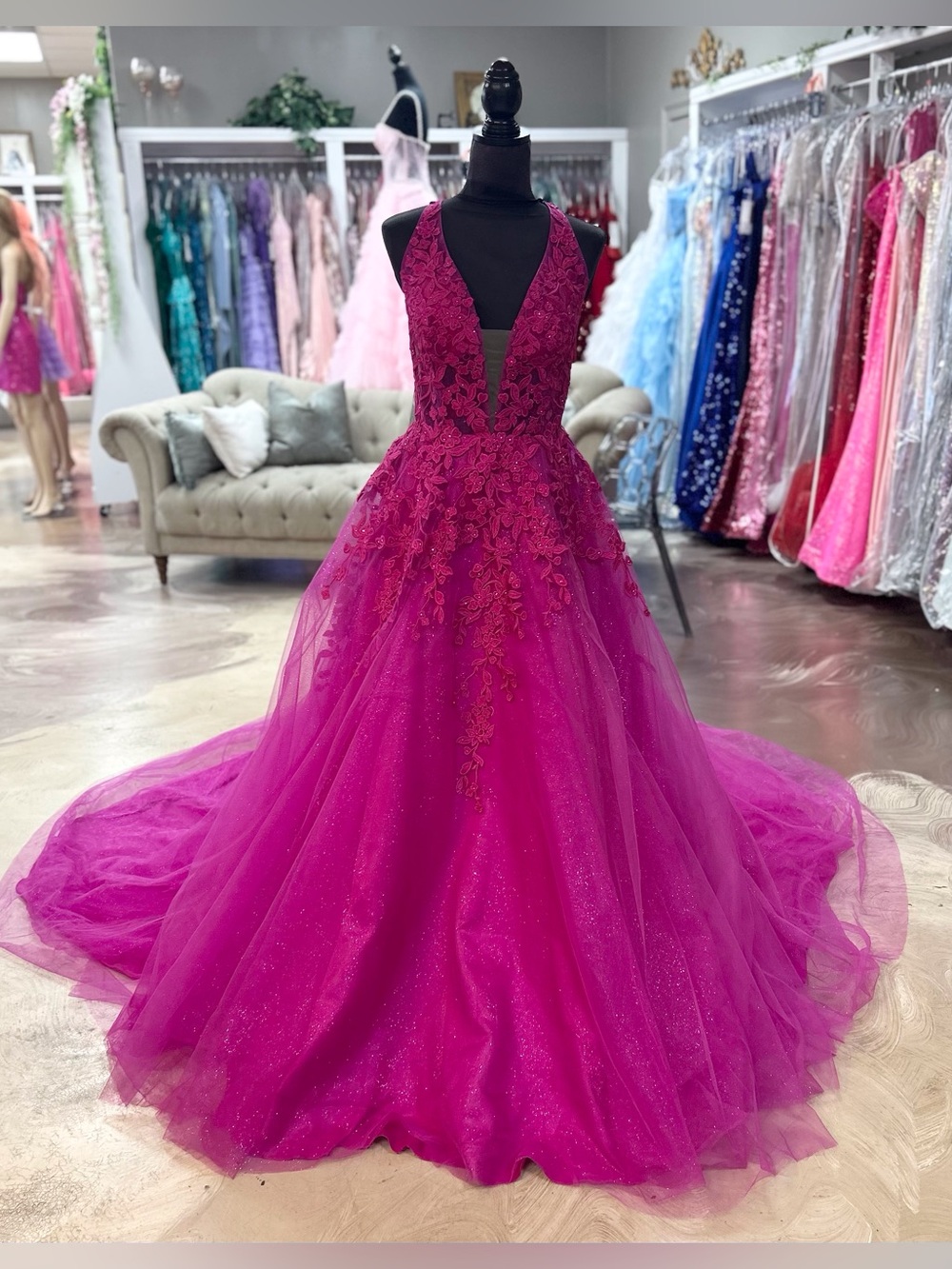Magenta Lace Appliqué Ball Gown Prom Dress